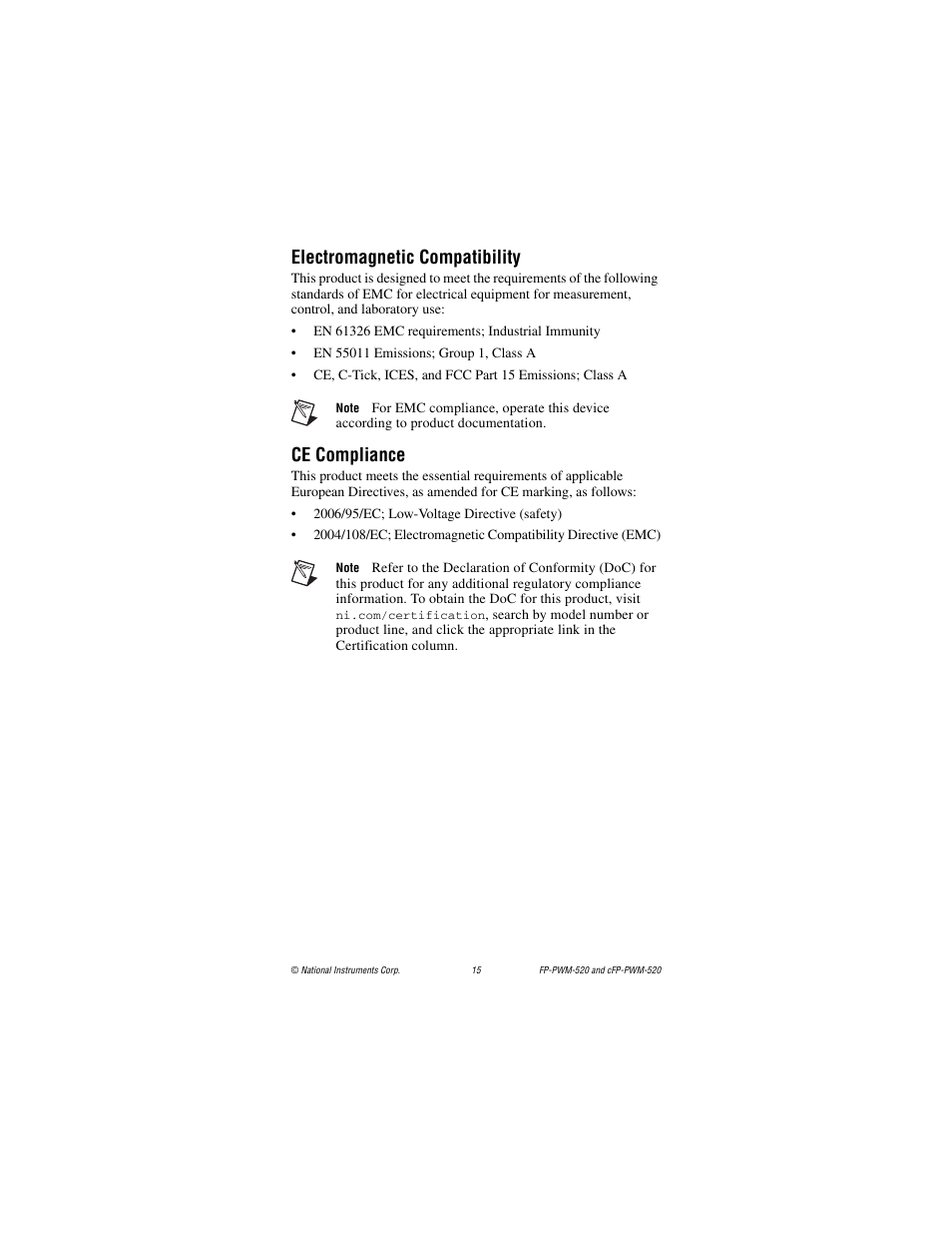 Electromagnetic compatibility, Ce compliance | National Instruments FP-PWM-520 User Manual | Page 15 / 18