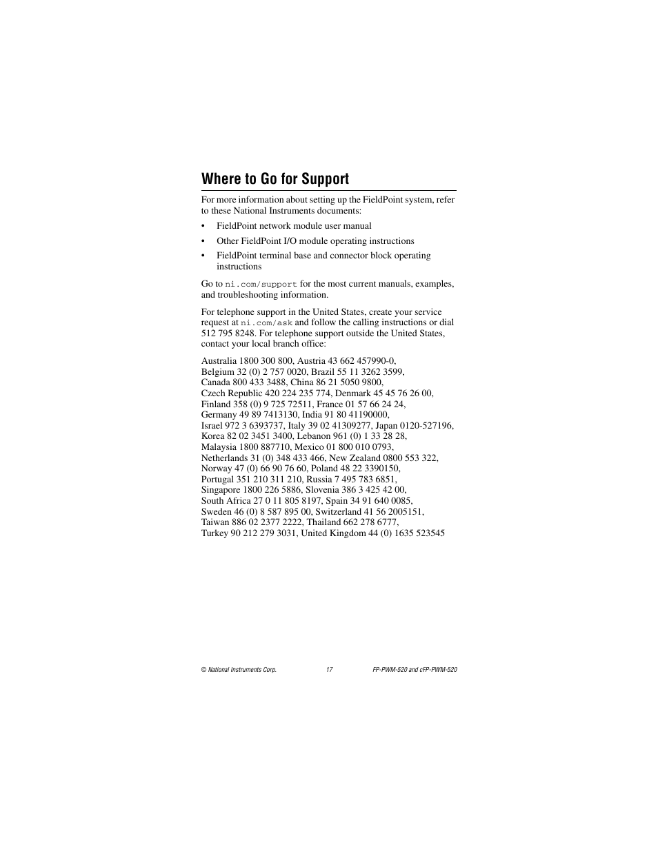 Where to go for support | National Instruments FP-PWM-520 User Manual | Page 17 / 18
