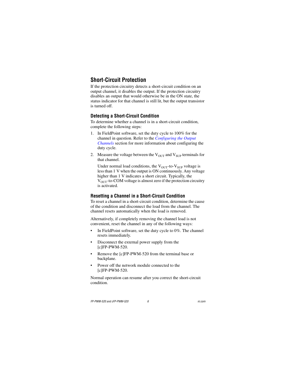 Short-circuit protection, Detecting a short-circuit condition, Resetting a channel in a short-circuit condition | National Instruments FP-PWM-520 User Manual | Page 6 / 18