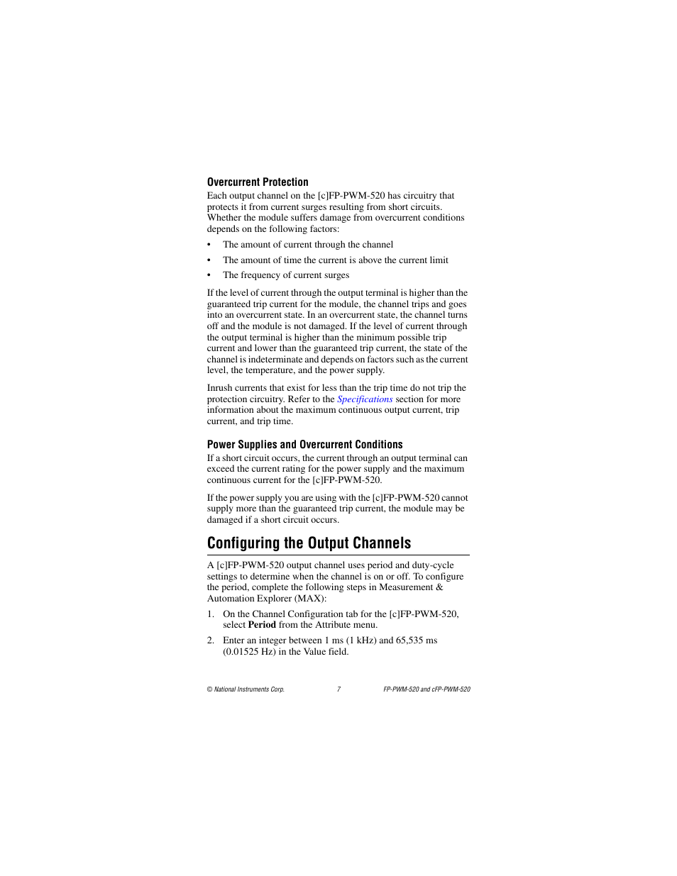 Overcurrent protection, Power supplies and overcurrent conditions, Configuring the output channels | National Instruments FP-PWM-520 User Manual | Page 7 / 18