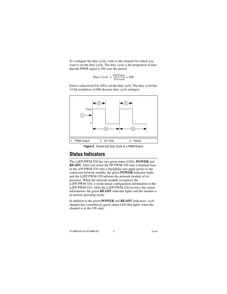 Figure 4. period and duty cycle of a pwm output, Status indicators | National Instruments FP-PWM-520 User Manual | Page 8 / 18
