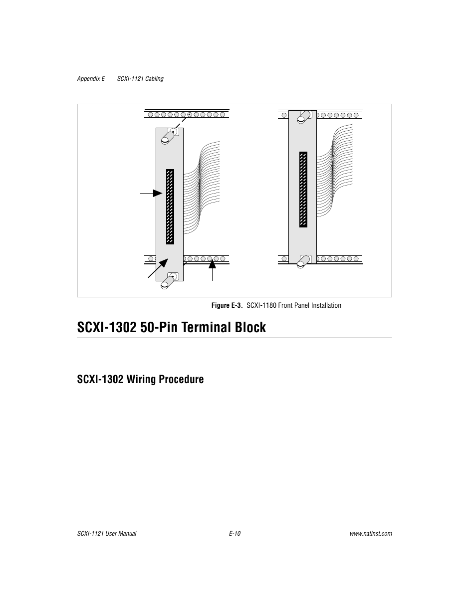Figure e-3. scxi-1180 front panel installation, Figure e-3, Scxi-1302 wiring procedure | National Instruments SCXI-1121 User Manual | Page 132 / 162