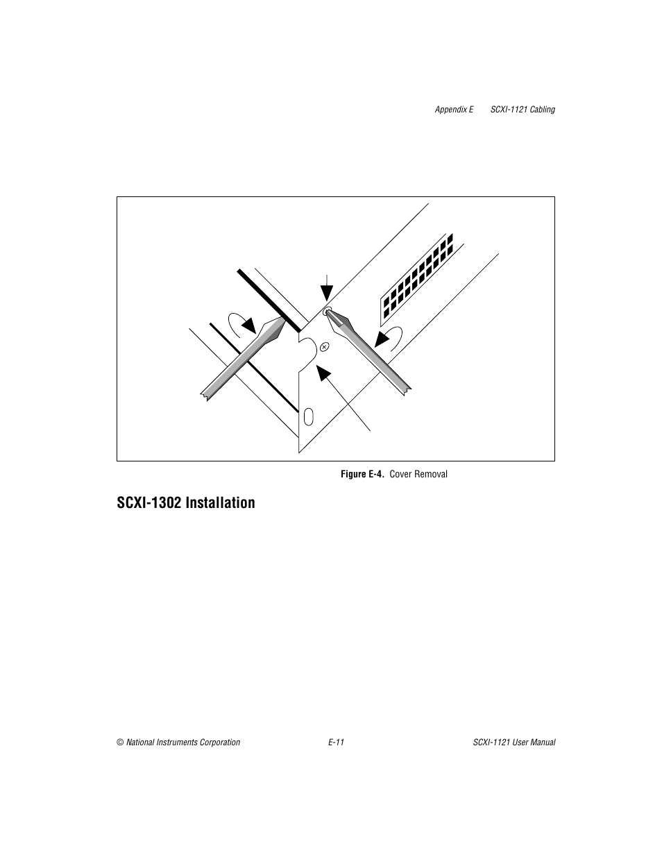 Figure e-4. cover removal, Figure e-4, Scxi-1302 installation | National Instruments SCXI-1121 User Manual | Page 133 / 162