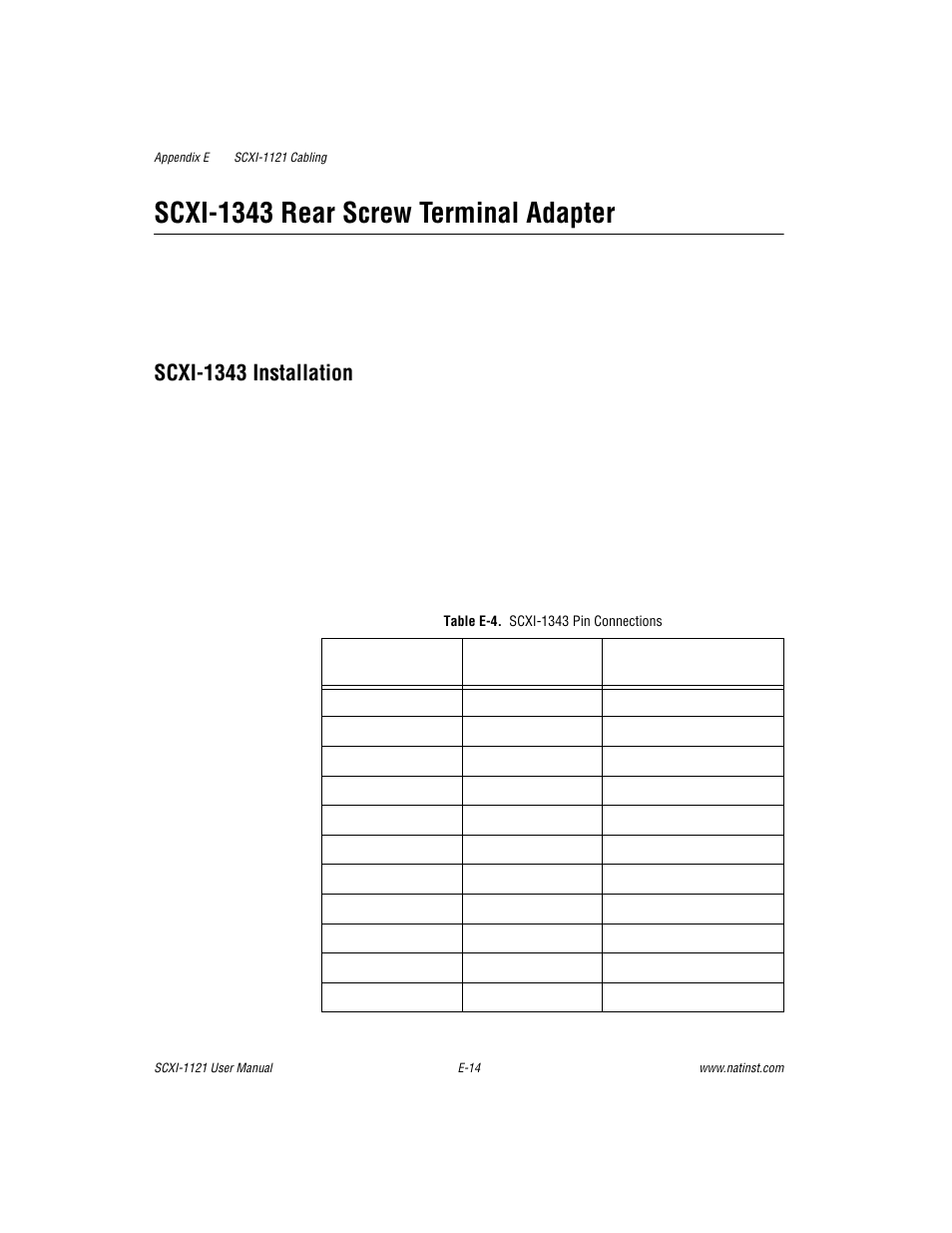 Table e-4. scxi-1343 pin connections, Table e-4, Scxi-1343 rear screw terminal adapter | Scxi-1343 installation | National Instruments SCXI-1121 User Manual | Page 136 / 162