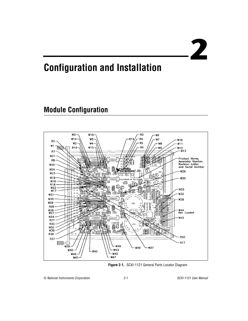 Chapter 2 configuration and installation, Module configuration, Module configuration -1 | Figure 2-1, Scxi-1121 general parts locator diagram -2, In chapter 2, Configuration and, Installation, Configuration and installation | National Instruments SCXI-1121 User Manual | Page 17 / 162