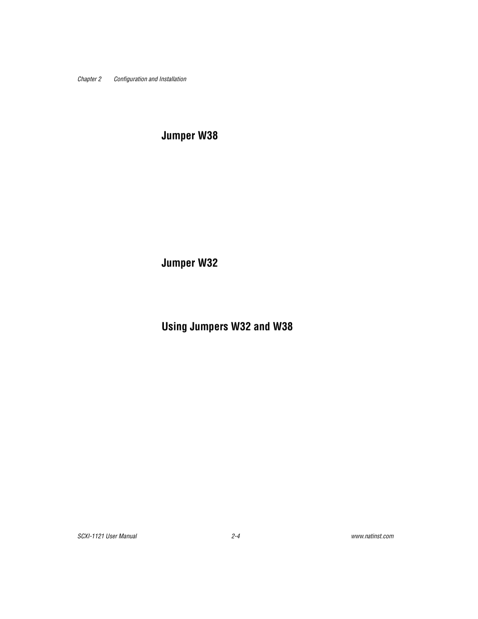 Jumper w38, Jumper w32, Using jumpers w32 and w38 | National Instruments SCXI-1121 User Manual | Page 20 / 162