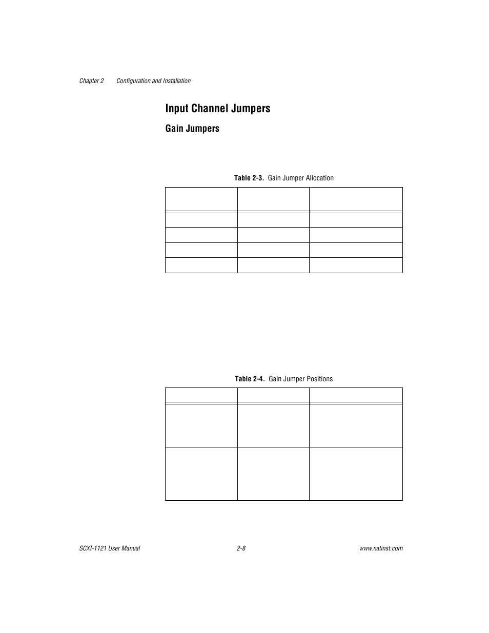 Input channel jumpers, Table 2-3. gain jumper allocation, Table 2-4. gain jumper positions | Input channel jumpers -8, Table 2-3, Gain jumper allocation -9, Table 2-4, Gain jumper positions -9 | National Instruments SCXI-1121 User Manual | Page 24 / 162