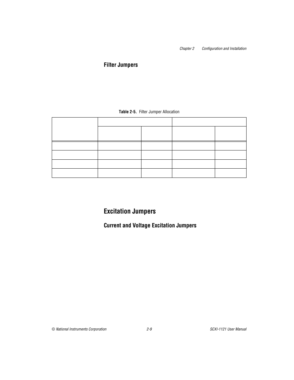 Excitation jumpers, Table 2-5. filter jumper allocation, Excitation jumpers -9 | Table 2-5, Filter jumper allocation -10 | National Instruments SCXI-1121 User Manual | Page 25 / 162