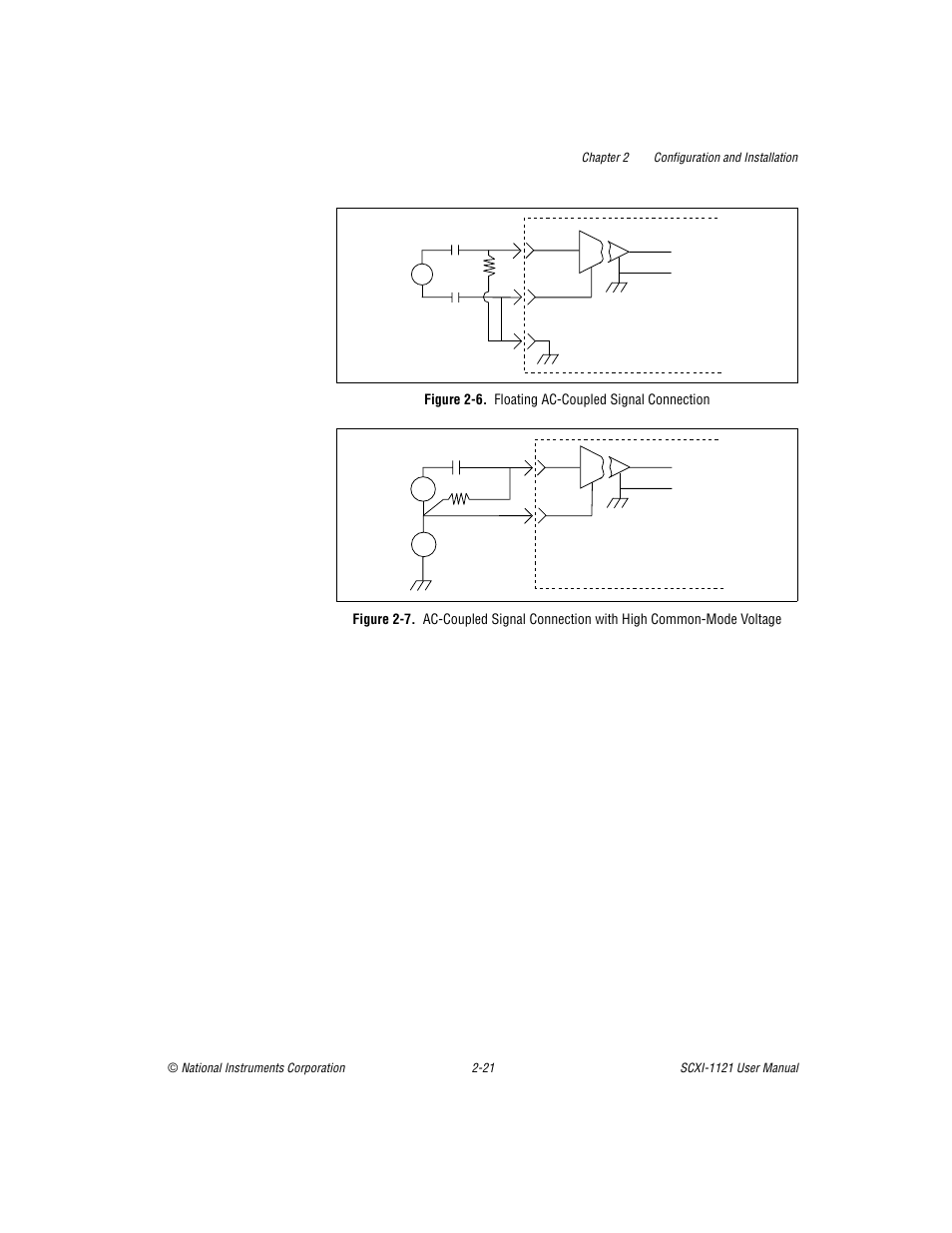 Figure 2-6. floating ac-coupled signal connection, Figure 2-6, Floating ac-coupled signal connection -22 | Figure 2-7, 7 show | National Instruments SCXI-1121 User Manual | Page 37 / 162