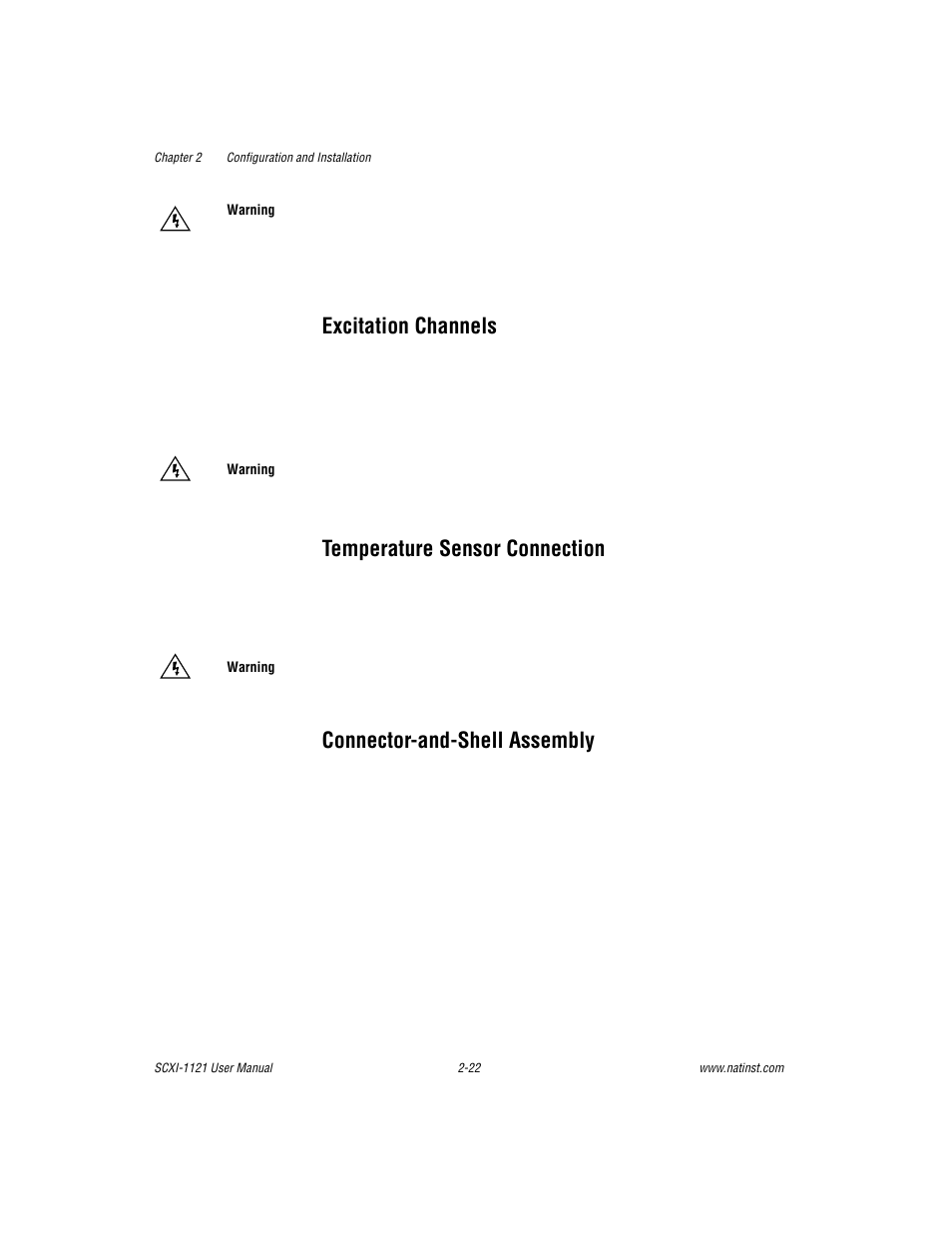 Excitation channels, Temperature sensor connection, Connector-and-shell assembly | National Instruments SCXI-1121 User Manual | Page 38 / 162
