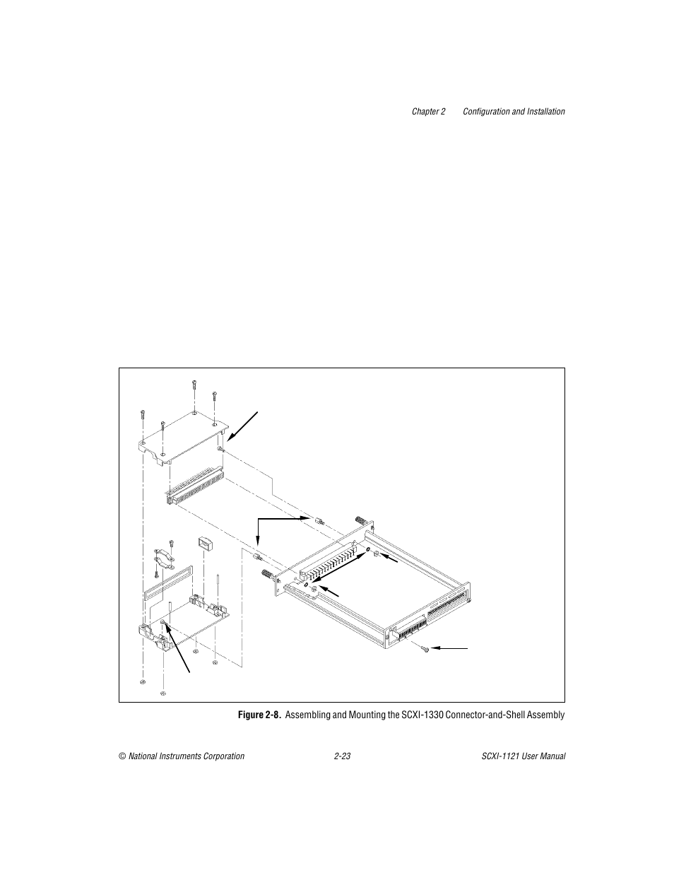 Figure 2-8, Assembling and mounting the scxi-1330, Connector-and-shell assembly | National Instruments SCXI-1121 User Manual | Page 39 / 162