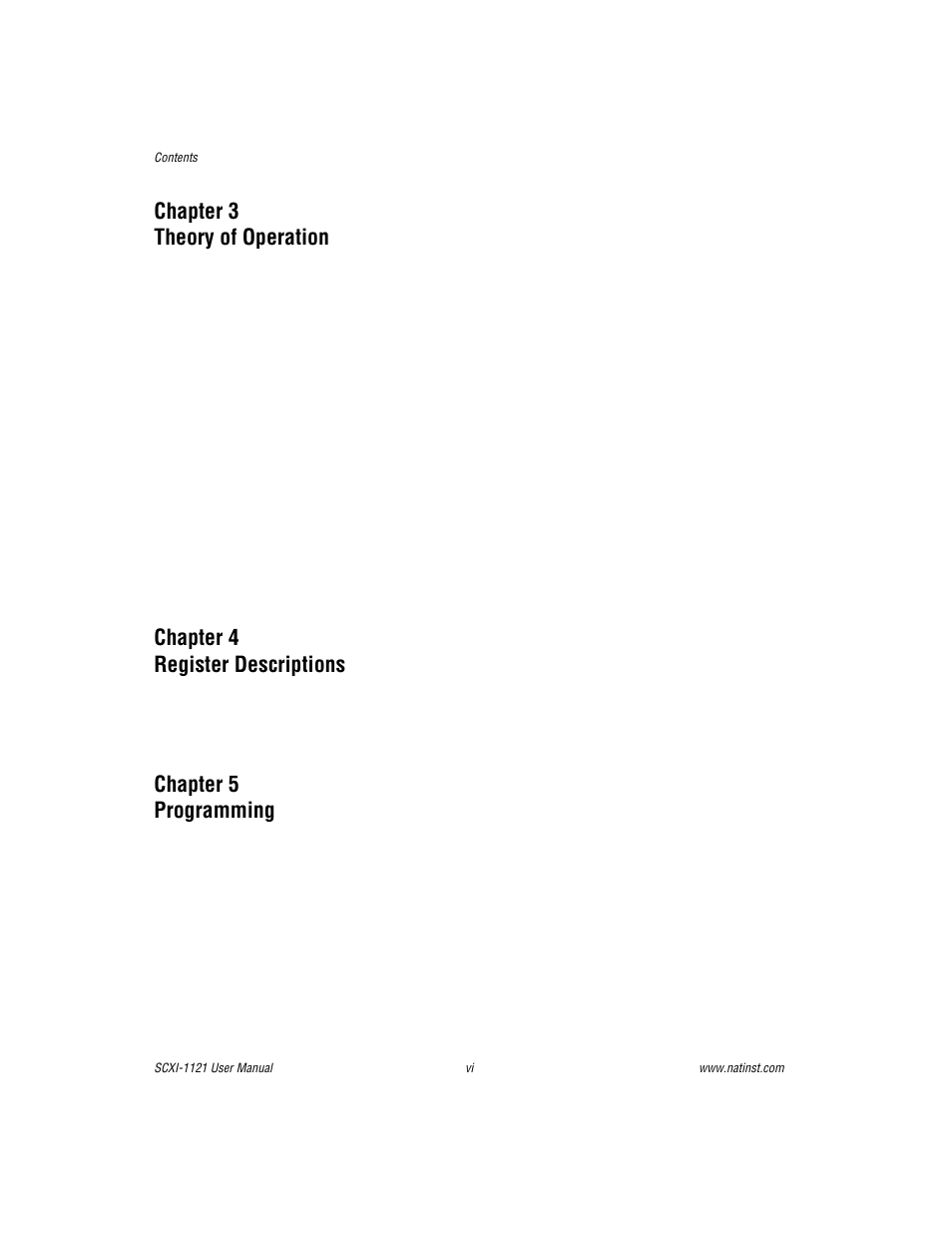Chapter 3 theory of operation, Chapter 4 register descriptions, Chapter 5 programming | National Instruments SCXI-1121 User Manual | Page 5 / 162