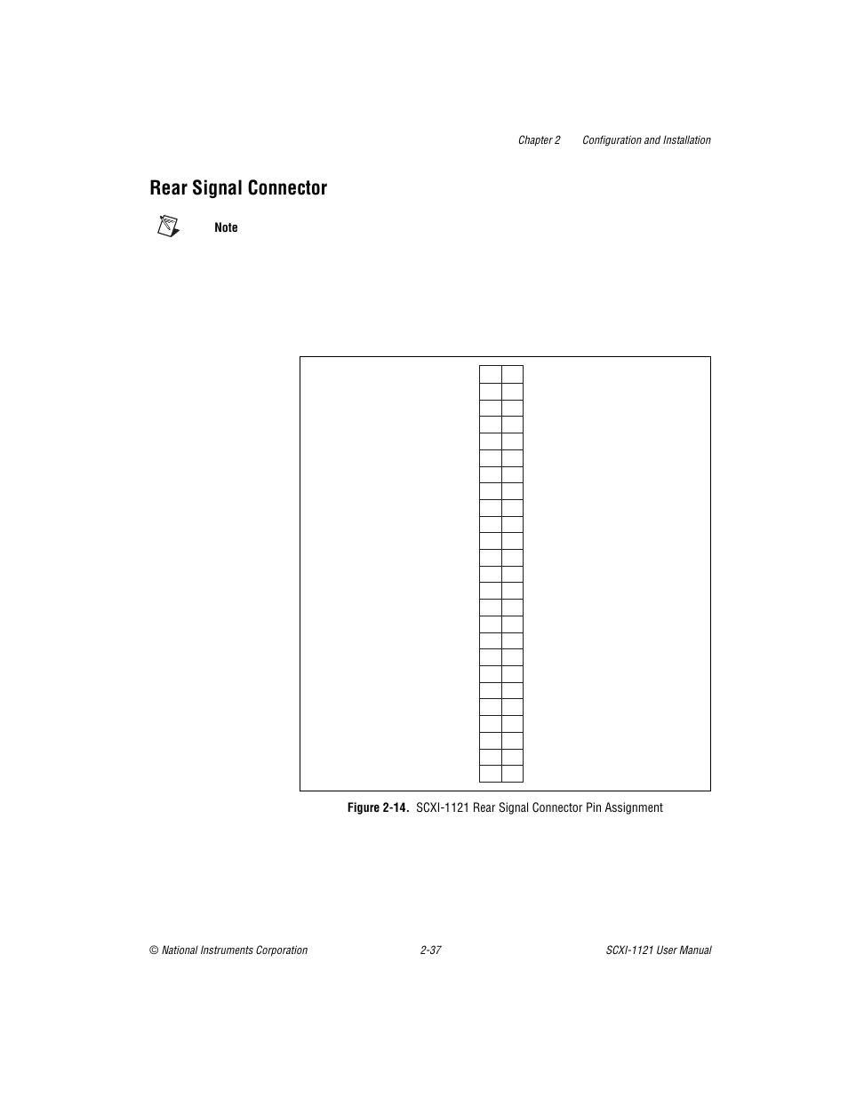 Rear signal connector, Rear signal connector -37, Figure 2-14 | Scxi-1121 rear signal connector pin assignment -39 | National Instruments SCXI-1121 User Manual | Page 53 / 162