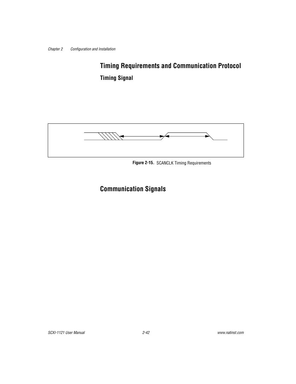 Timing requirements and communication protocol, Communication signals, Figure 2-15. scanclk timing requirements | Figure 2-15, Scanclk timing requirements -43, Line. see the, Timing requirements and, Communication protocol, Timing, Requirements and communication protocol | National Instruments SCXI-1121 User Manual | Page 58 / 162