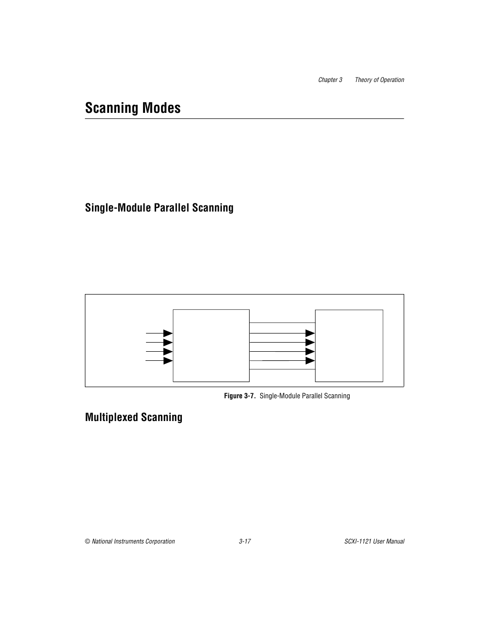 Scanning modes, Single-module parallel scanning, Multiplexed scanning | Figure 3-7. single-module parallel scanning, Scanning modes -17, Figure 3-7, Single-module parallel scanning -17 | National Instruments SCXI-1121 User Manual | Page 79 / 162
