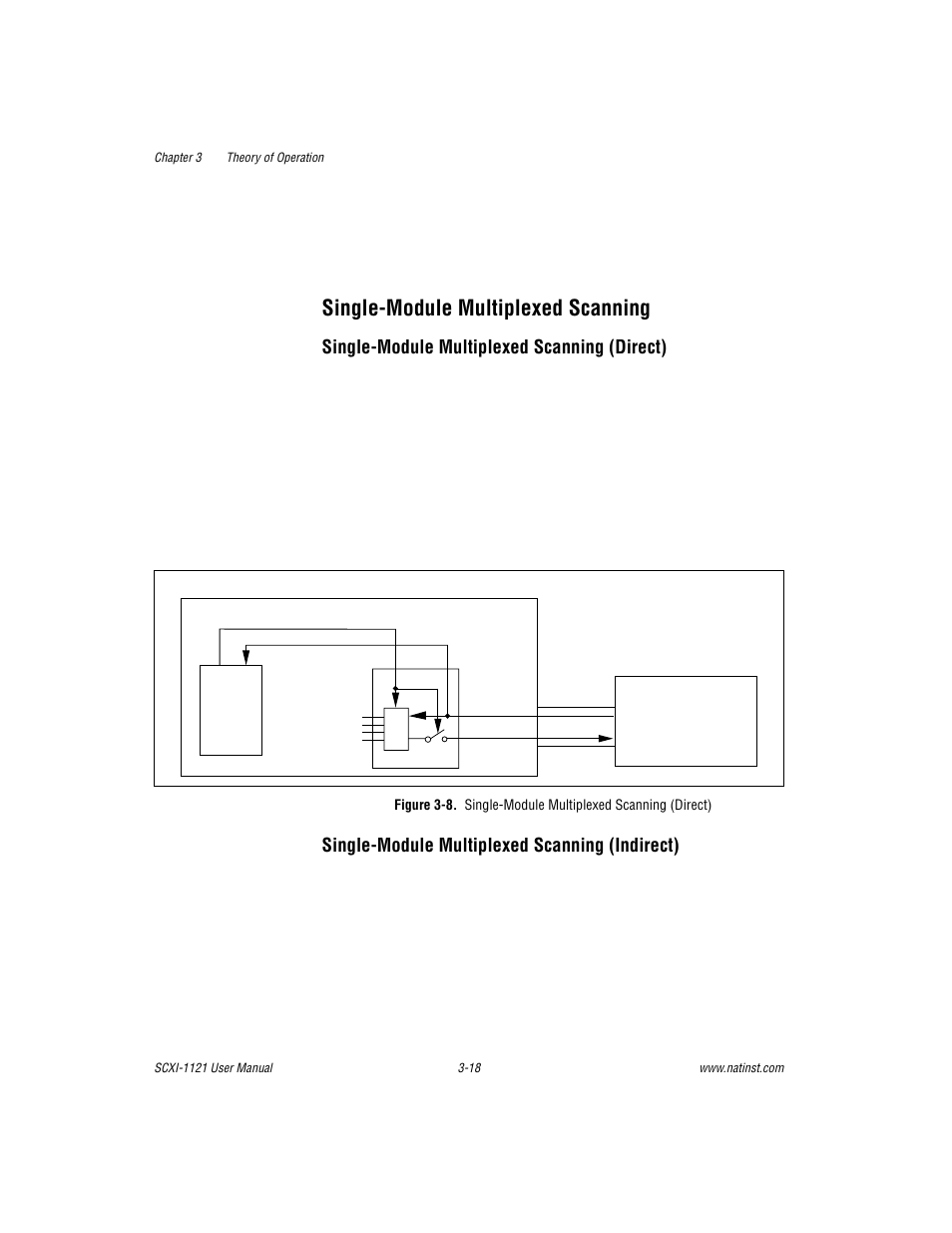 Single-module multiplexed scanning, Single-module multiplexed scanning -18, Figure 3-8 | Single-module multiplexed scanning (direct) -18, Single-module multiplexed scanning (direct), Single-module multiplexed scanning (indirect) | National Instruments SCXI-1121 User Manual | Page 80 / 162