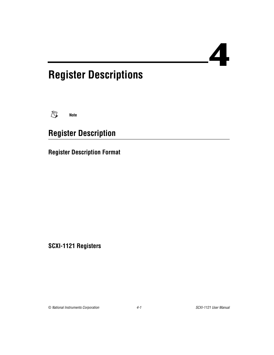 Chapter 4 register descriptions, Register description, Register description format | Scxi-1121 registers, Register description -1, Ter 4, Register descriptions | National Instruments SCXI-1121 User Manual | Page 83 / 162