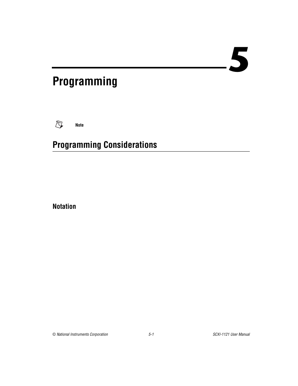Chapter 5 programming, Programming considerations, Notation | Programming considerations -1, Notation -1, Ter 5, Programming, Of chapter 5 | National Instruments SCXI-1121 User Manual | Page 92 / 162