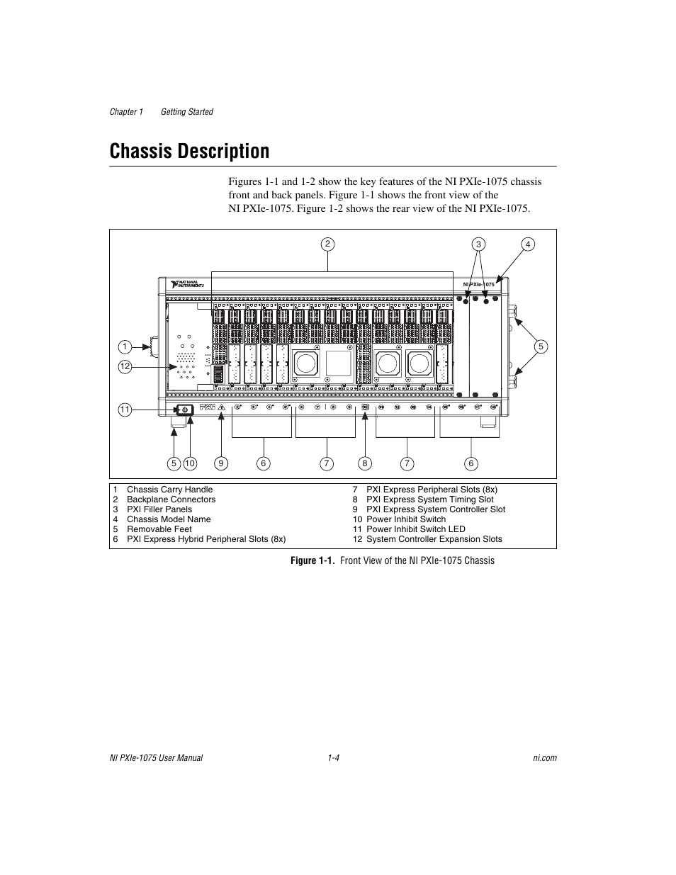 Chassis description, Figure 1-1. front view of the ni pxie-1075 chassis, Chassis description -4 | National Instruments NI PXIe-1075 User Manual | Page 11 / 78