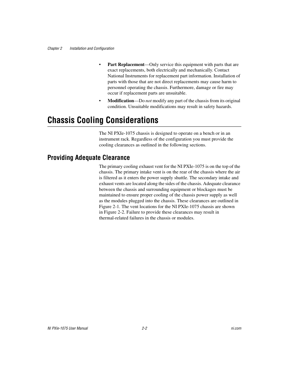 Chassis cooling considerations, Providing adequate clearance, Chassis cooling considerations -2 | Providing adequate clearance -2 | National Instruments NI PXIe-1075 User Manual | Page 22 / 78