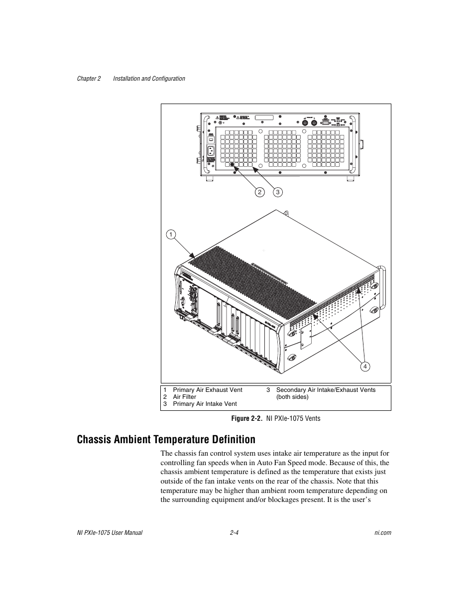 Figure 2-2. ni pxie-1075 vents, Chassis ambient temperature definition, Chassis ambient temperature definition -4 | National Instruments NI PXIe-1075 User Manual | Page 24 / 78