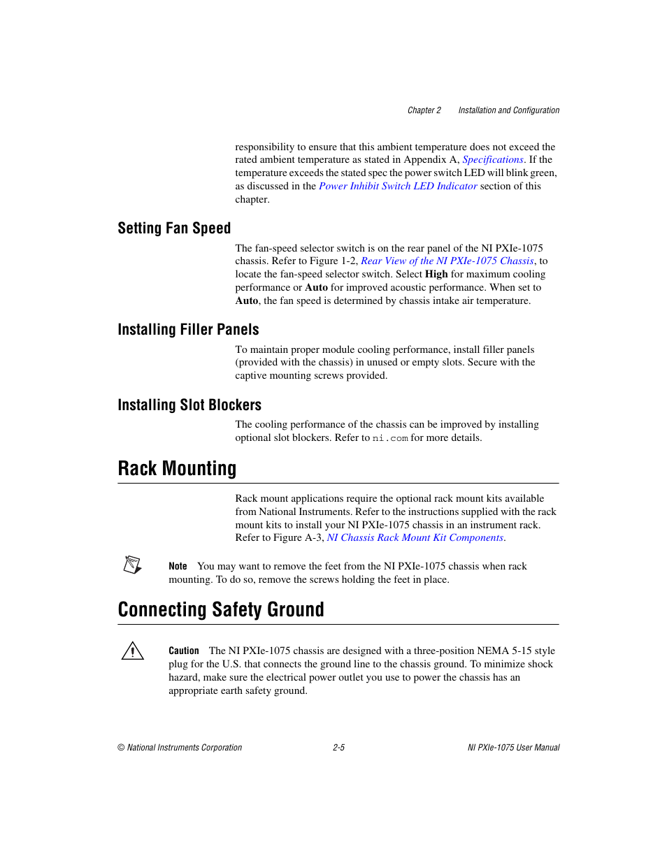 Setting fan speed, Installing filler panels, Installing slot blockers | Rack mounting, Connecting safety ground, Rack mounting -5 connecting safety ground -5 | National Instruments NI PXIe-1075 User Manual | Page 25 / 78