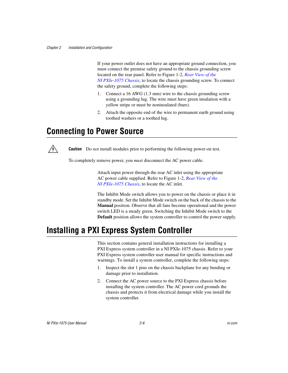 Connecting to power source, Installing a pxi express system controller | National Instruments NI PXIe-1075 User Manual | Page 26 / 78