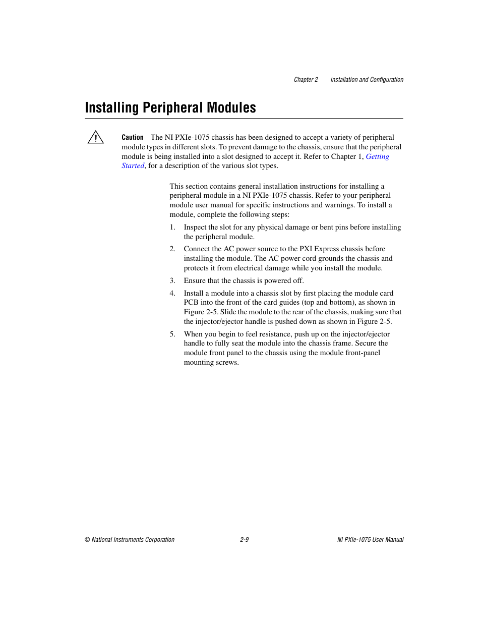 Installing peripheral modules, Installing peripheral modules -9 | National Instruments NI PXIe-1075 User Manual | Page 29 / 78