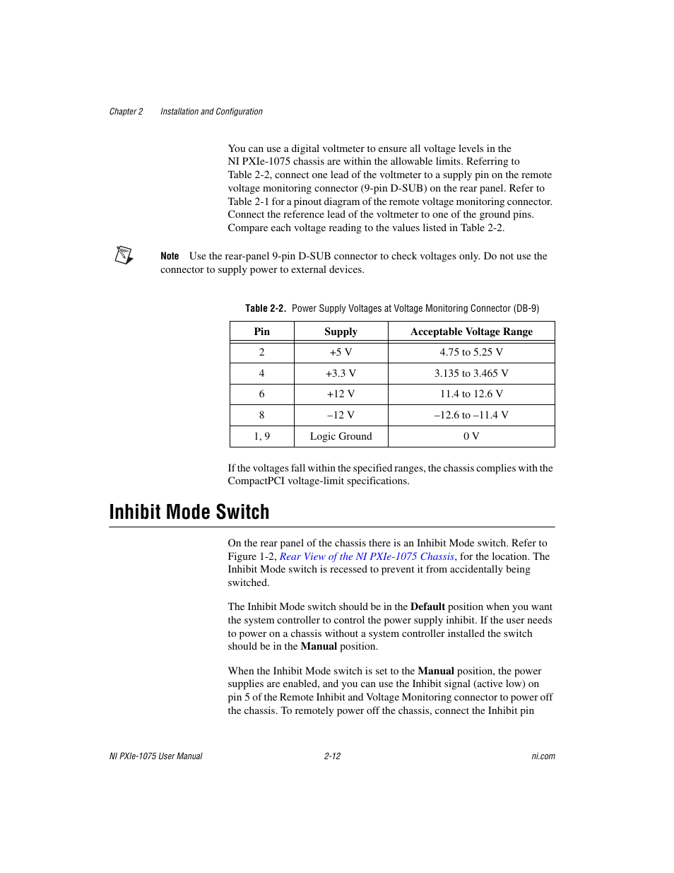 Inhibit mode switch, Inhibit mode switch -12, Inhibit mode | Switch | National Instruments NI PXIe-1075 User Manual | Page 32 / 78