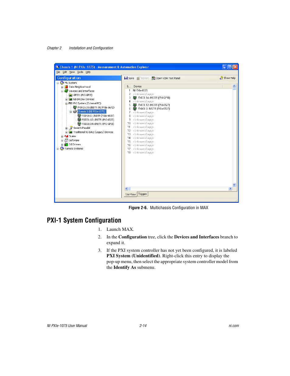 Figure 2-6. multichassis configuration in max, Pxi-1 system configuration, Pxi-1 system configuration -14 | National Instruments NI PXIe-1075 User Manual | Page 34 / 78