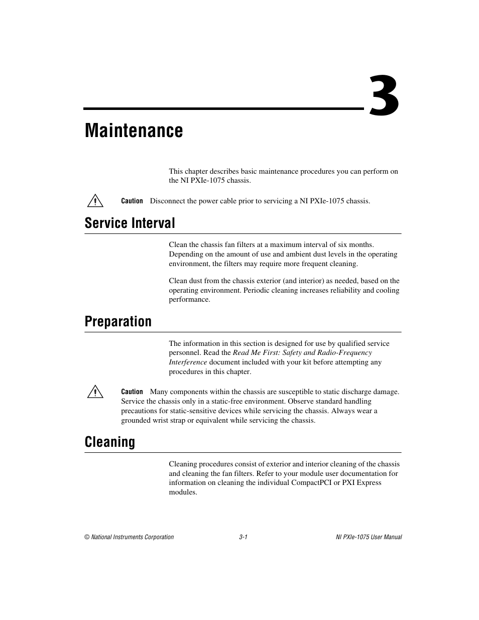 Chapter 3 maintenance, Service interval, Preparation | Cleaning, Service interval -1 preparation -1 cleaning -1, Maintenance | National Instruments NI PXIe-1075 User Manual | Page 38 / 78