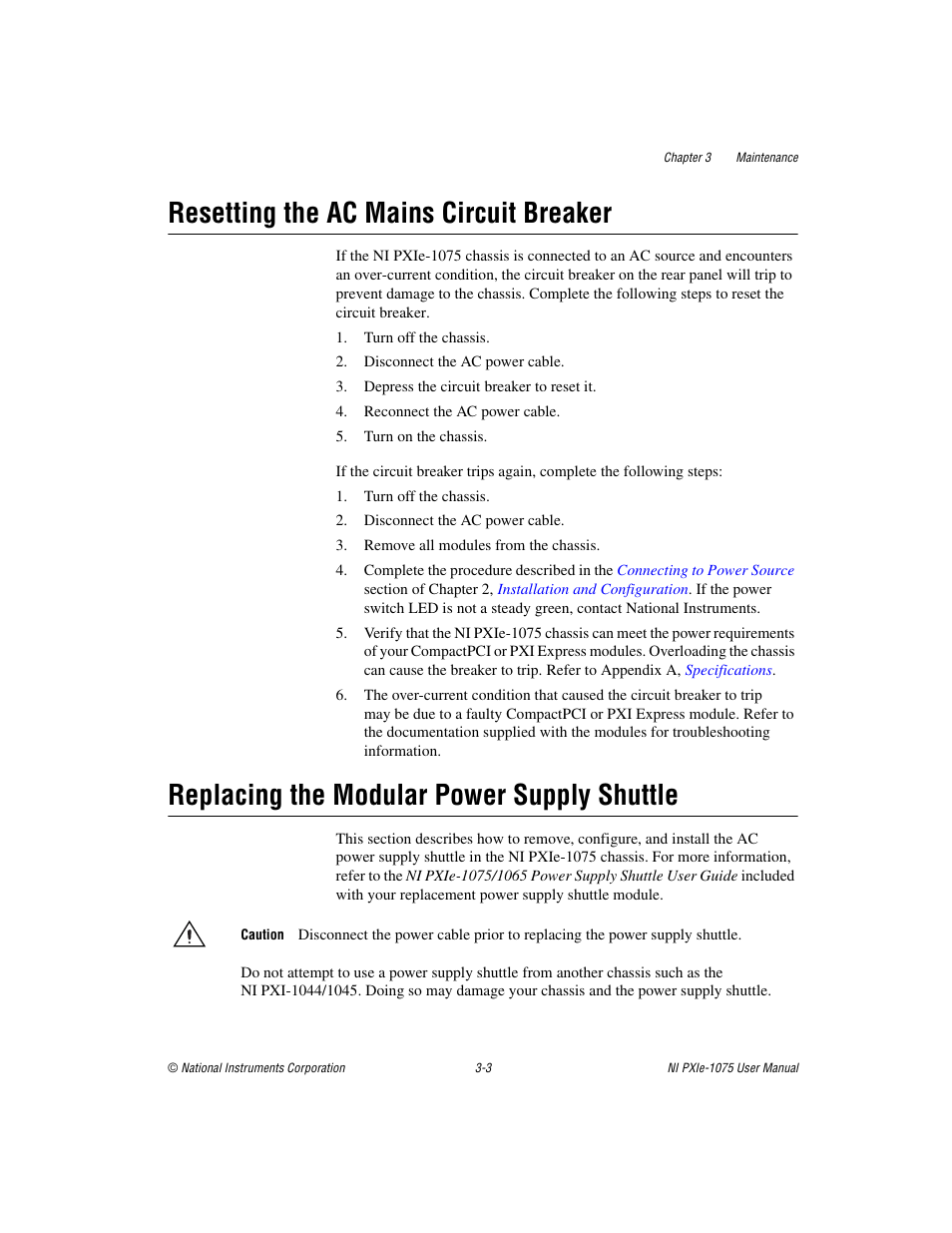 Resetting the ac mains circuit breaker, Replacing the modular power supply shuttle | National Instruments NI PXIe-1075 User Manual | Page 40 / 78