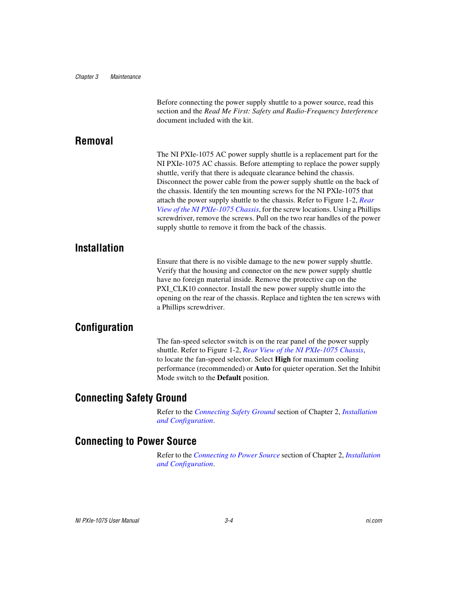 Removal, Installation, Configuration | Connecting safety ground, Connecting to power source | National Instruments NI PXIe-1075 User Manual | Page 41 / 78