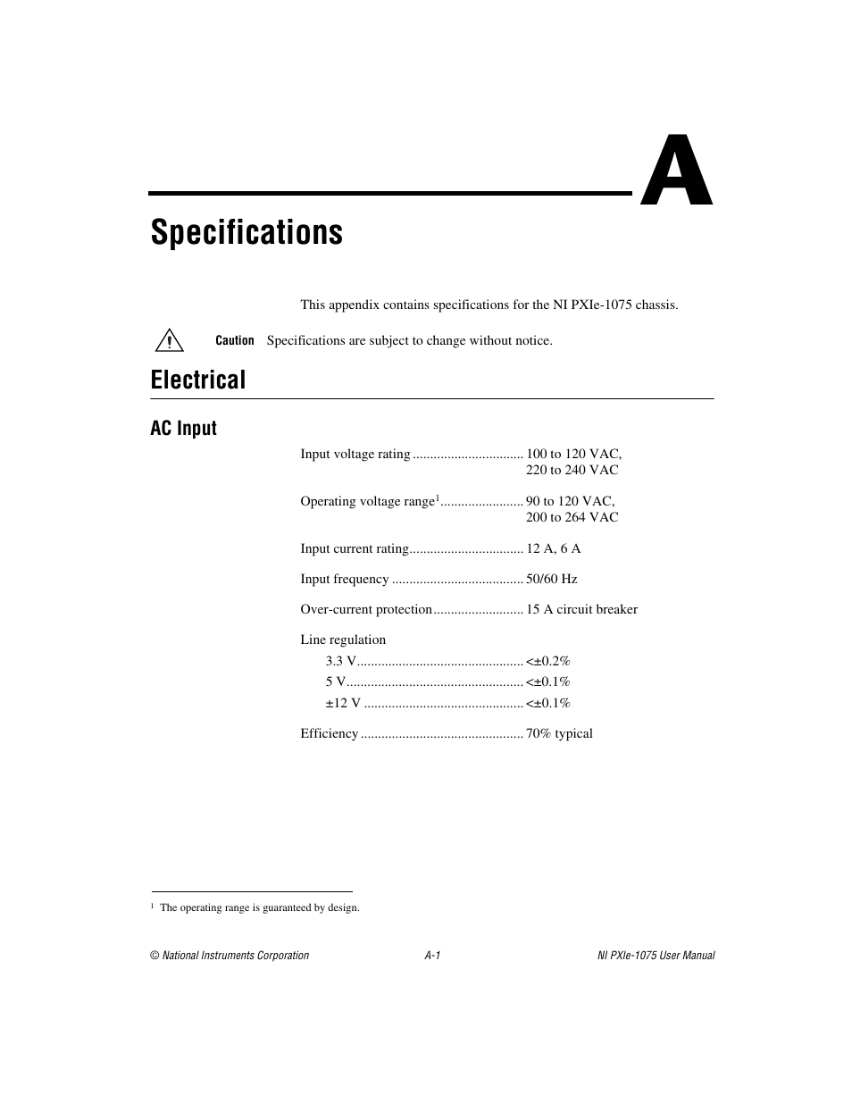 Appendix a specifications, Ix a, Specifications | Electrical | National Instruments NI PXIe-1075 User Manual | Page 42 / 78