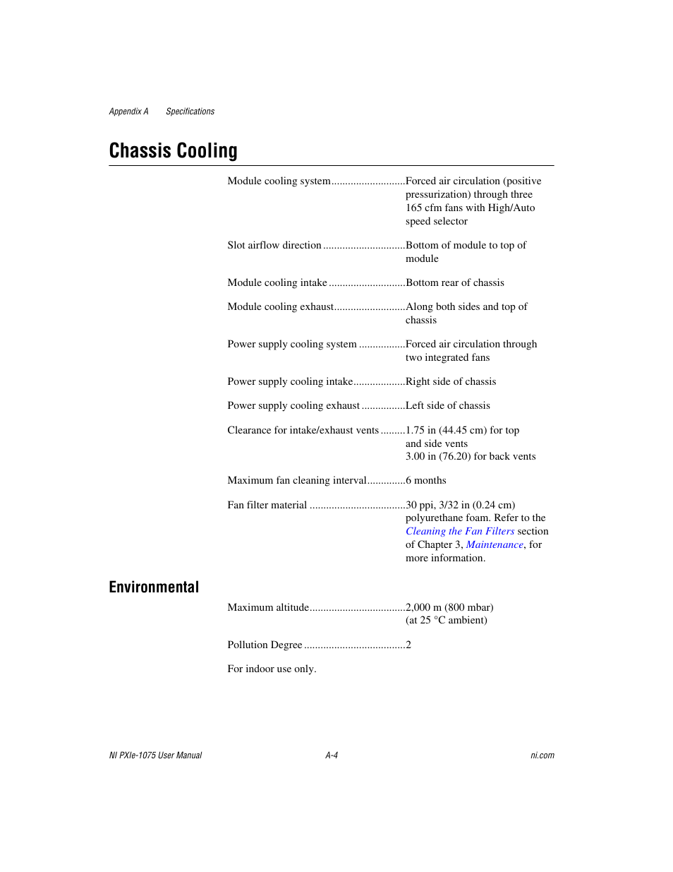 Chassis cooling, Environmental | National Instruments NI PXIe-1075 User Manual | Page 45 / 78