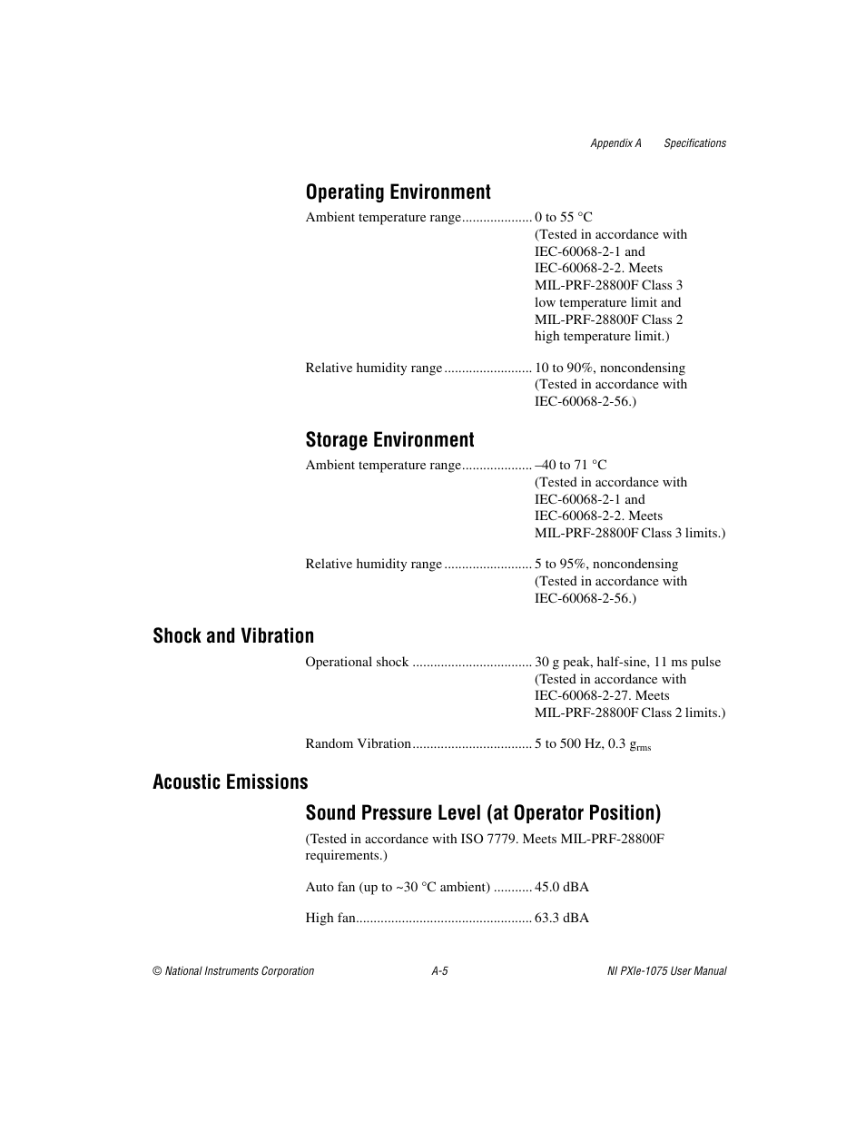 Operating environment, Storage environment, Shock and vibration | National Instruments NI PXIe-1075 User Manual | Page 46 / 78