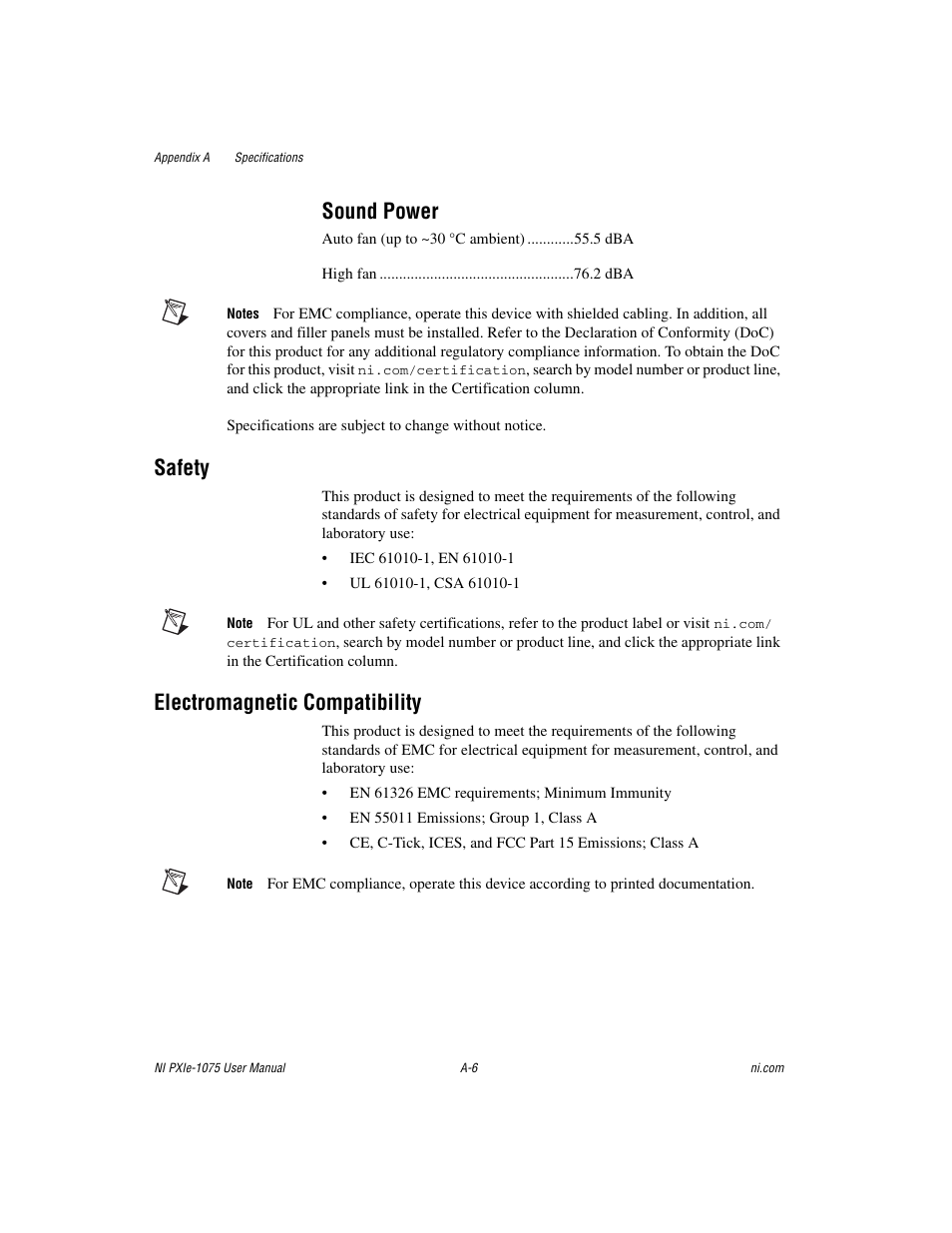 Sound power, Safety, Electromagnetic compatibility | National Instruments NI PXIe-1075 User Manual | Page 47 / 78