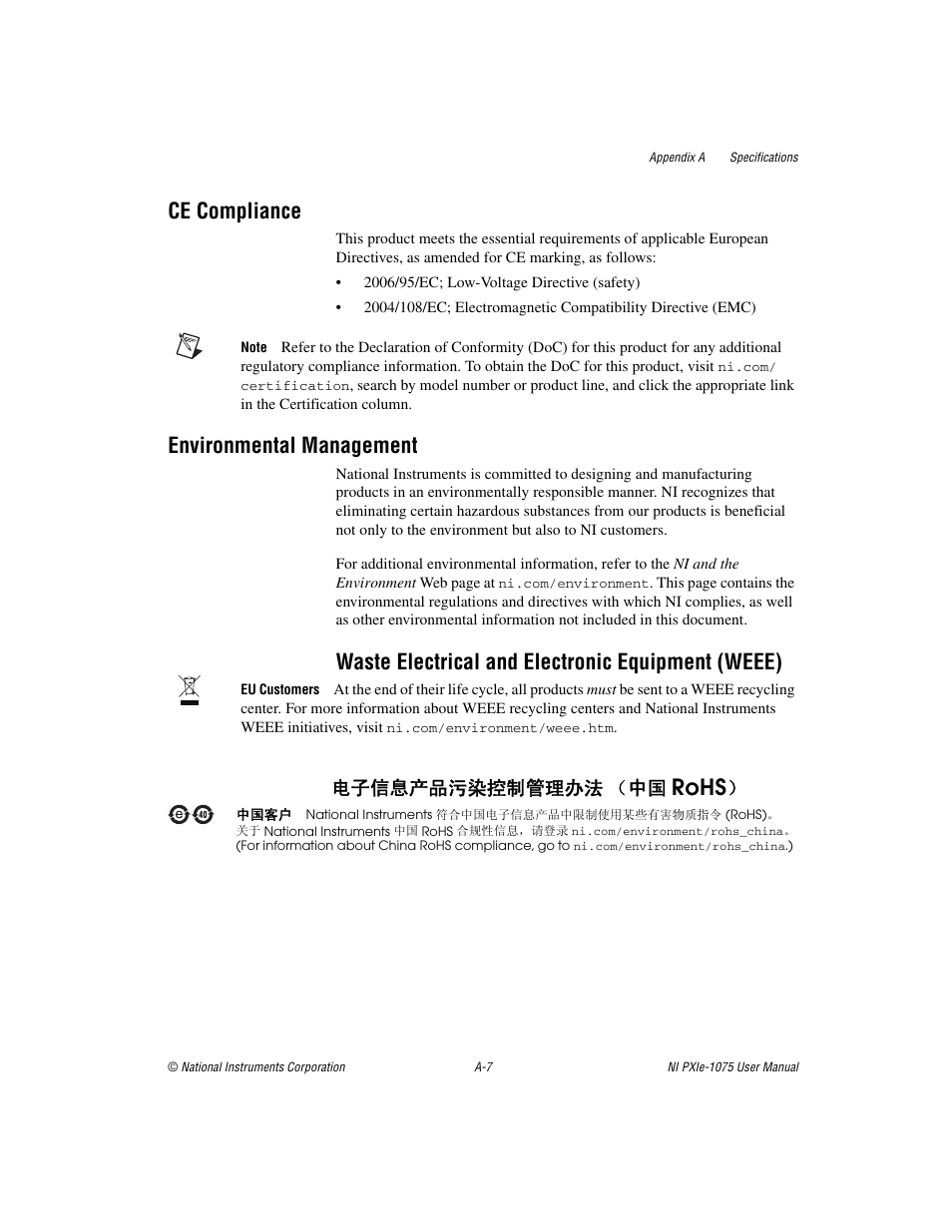 Rohs, Ce compliance, Environmental management | Waste electrical and electronic equipment (weee), ᄤֵᙃѻક∵ᶧ᥻ࠊㅵ⧚ࡲ⊩ ˄ё | National Instruments NI PXIe-1075 User Manual | Page 48 / 78