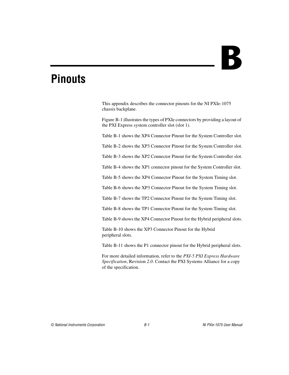 Appendix b pinouts, Pinouts | National Instruments NI PXIe-1075 User Manual | Page 56 / 78