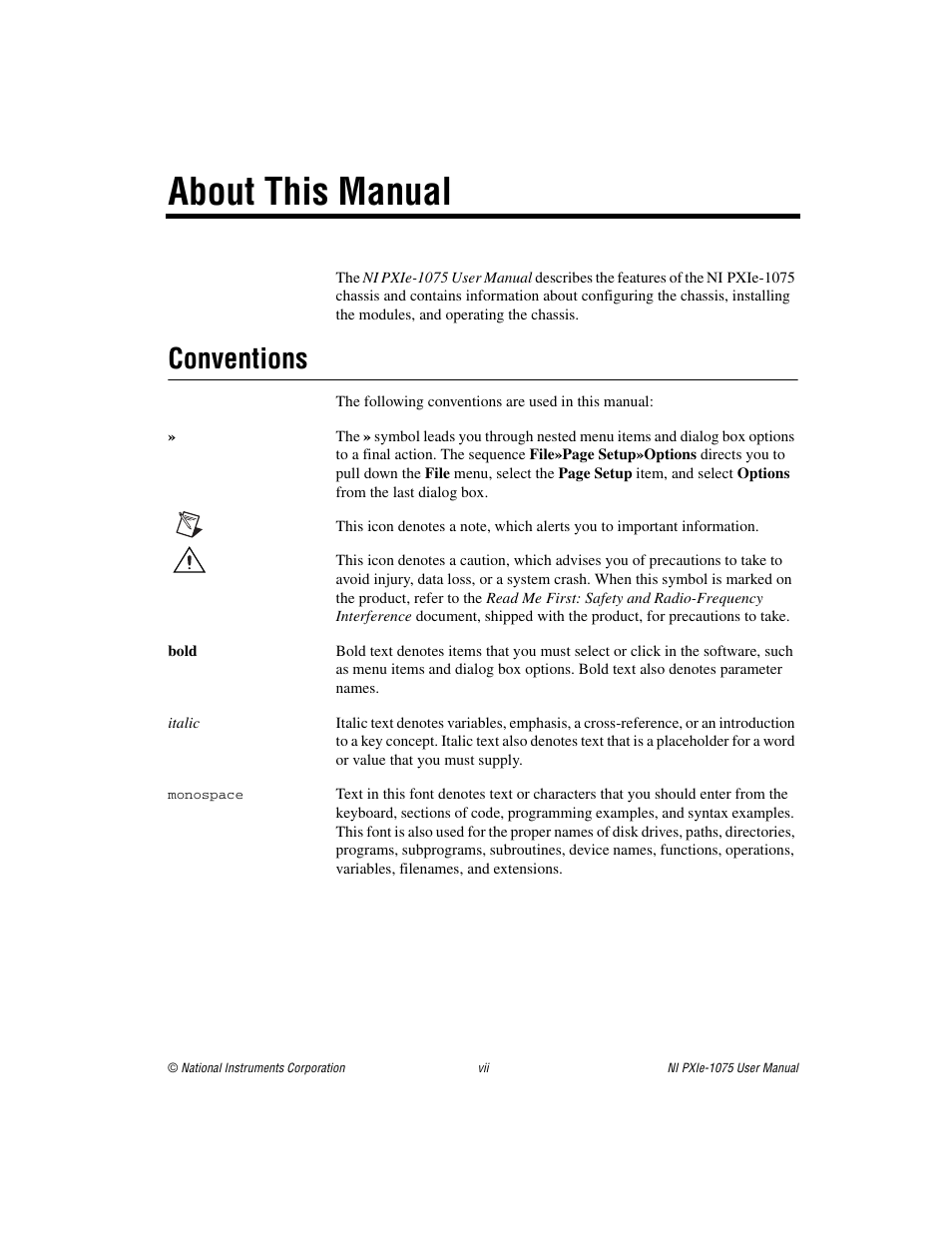 About this manual, Conventions | National Instruments NI PXIe-1075 User Manual | Page 6 / 78