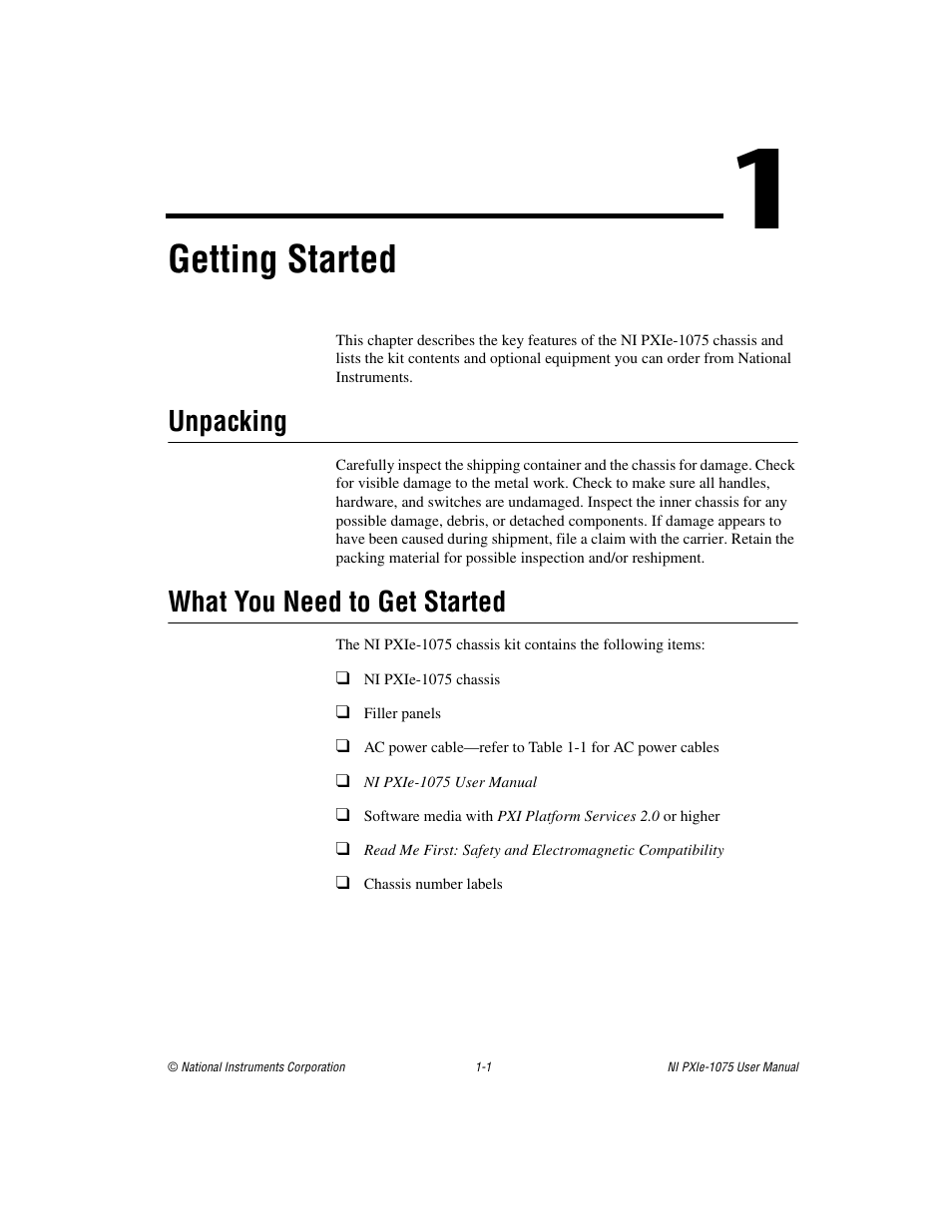 Chapter 1 getting started, Unpacking, What you need to get started | Unpacking -1 what you need to get started -1, Getting started | National Instruments NI PXIe-1075 User Manual | Page 8 / 78