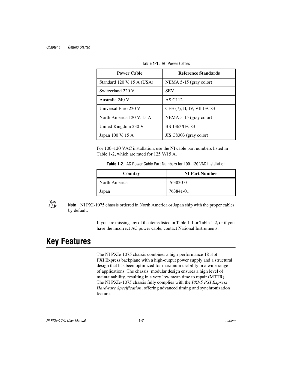 Table 1-1. ac power cables, Key features, Key features -2 | National Instruments NI PXIe-1075 User Manual | Page 9 / 78