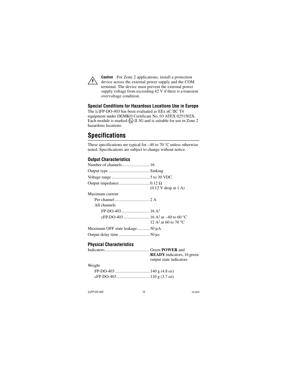 Specifications, Output characteristics, Physical characteristics | National Instruments FP-DO-403 User Manual | Page 10 / 15