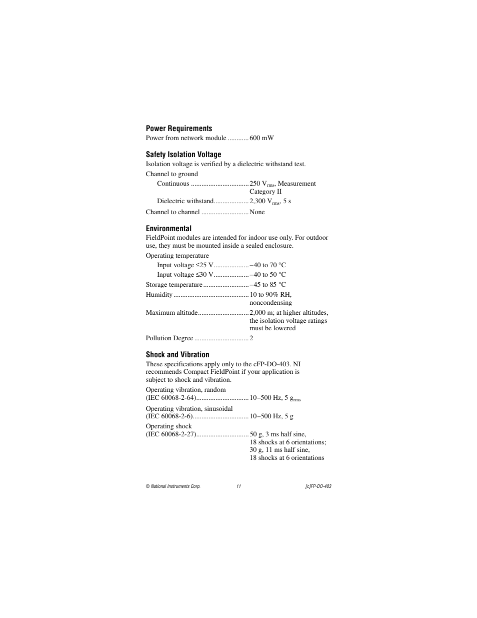 Power requirements, Safety isolation voltage, Environmental | Shock and vibration | National Instruments FP-DO-403 User Manual | Page 11 / 15