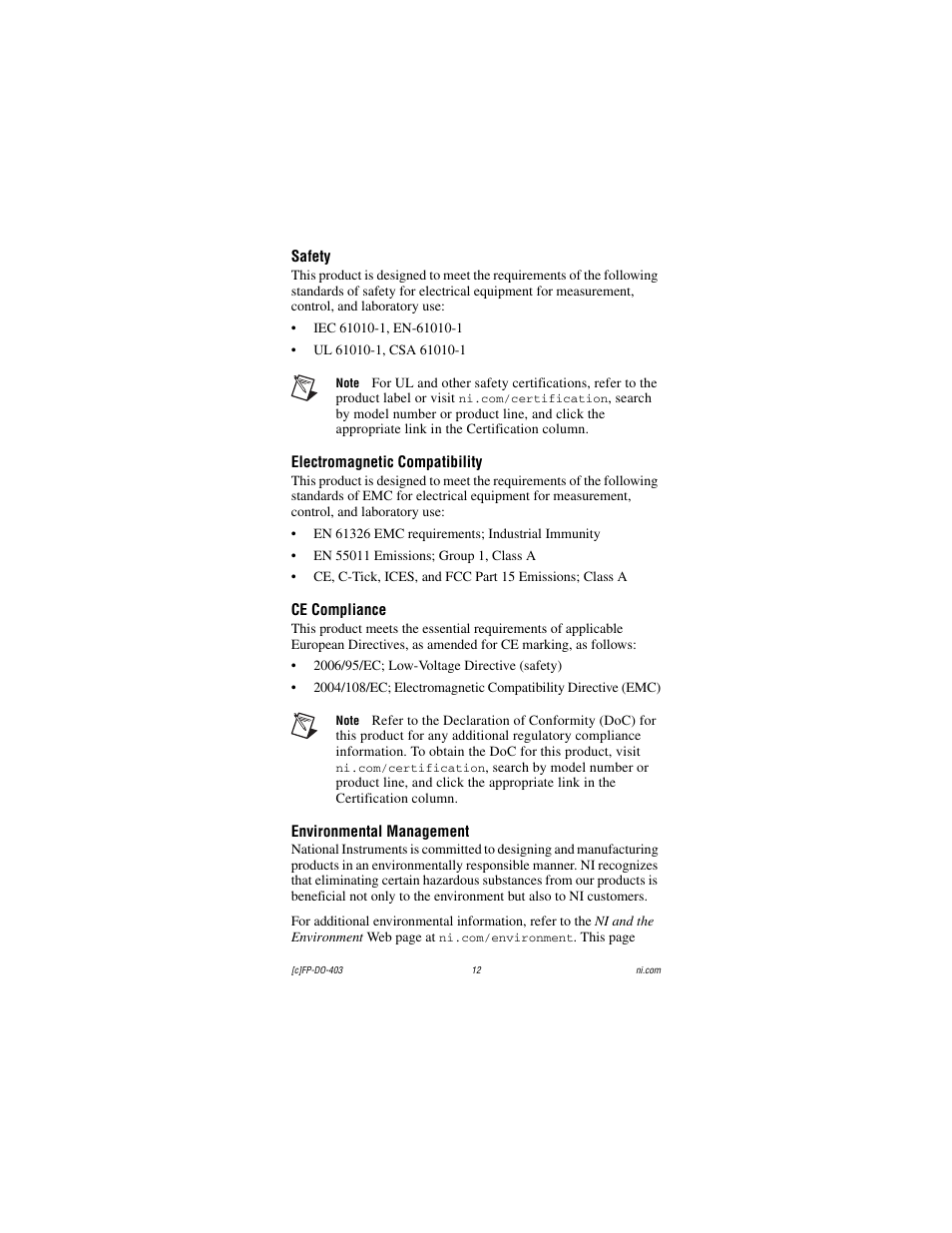 Safety, Electromagnetic compatibility, Ce compliance | Environmental management | National Instruments FP-DO-403 User Manual | Page 12 / 15