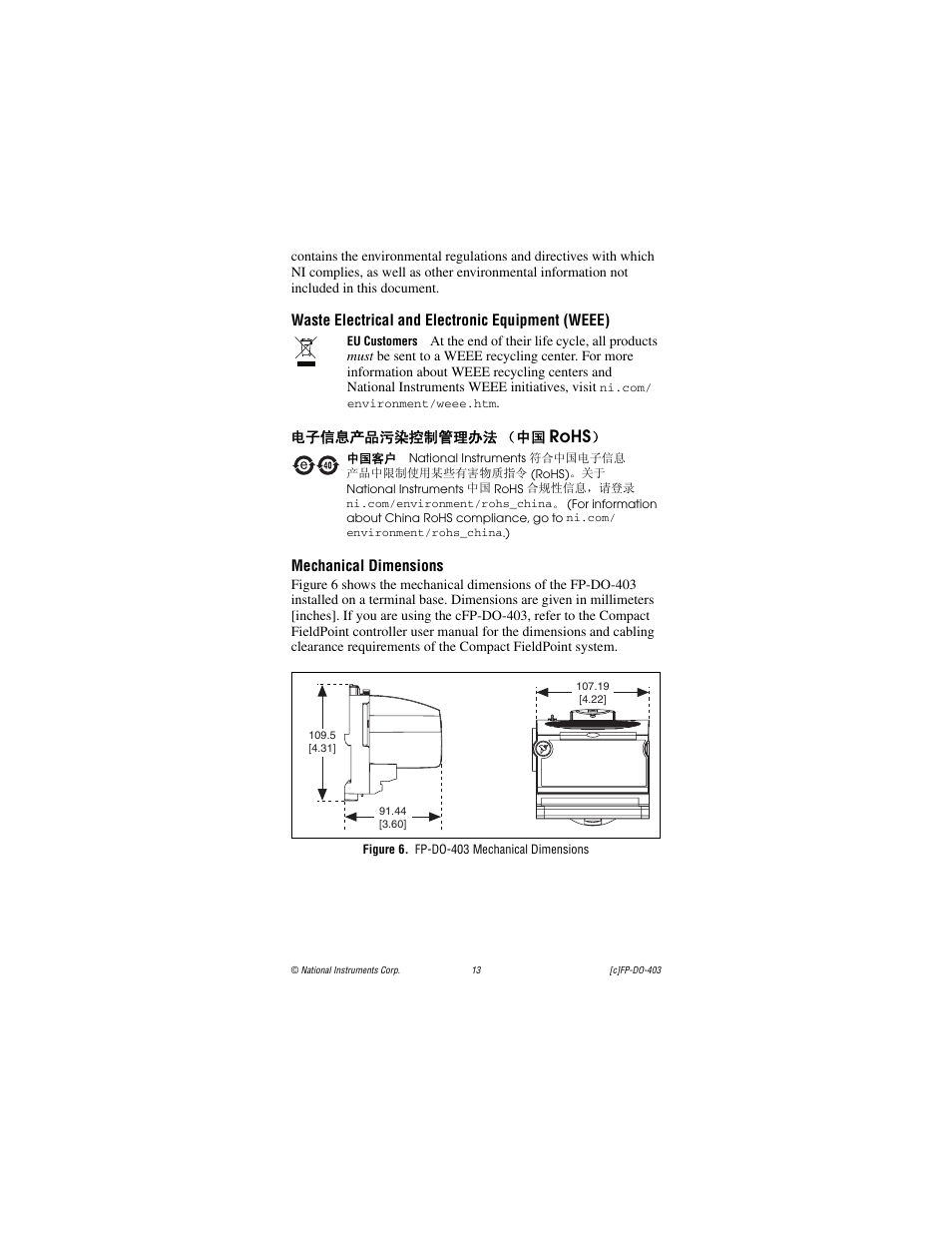 Mechanical dimensions, Figure 6. fp-do-403 mechanical dimensions, Rohs | National Instruments FP-DO-403 User Manual | Page 13 / 15