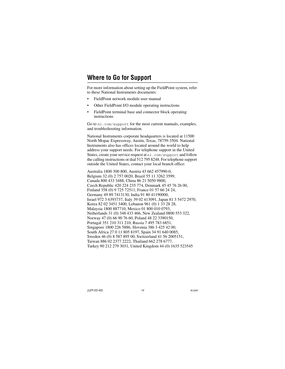 Where to go for support | National Instruments FP-DO-403 User Manual | Page 14 / 15