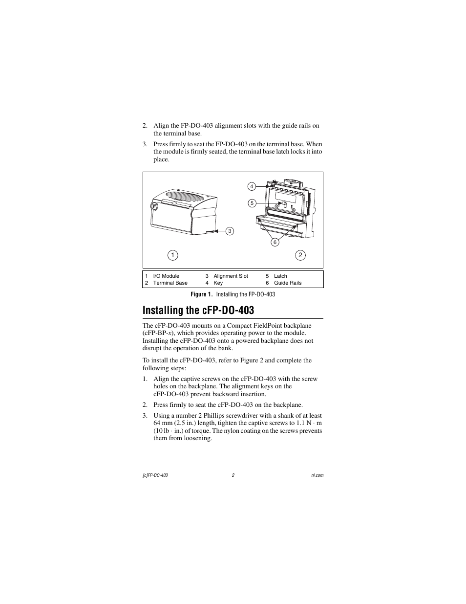 Figure 1. installing the fp-do-403, Installing the cfp-do-403 | National Instruments FP-DO-403 User Manual | Page 2 / 15