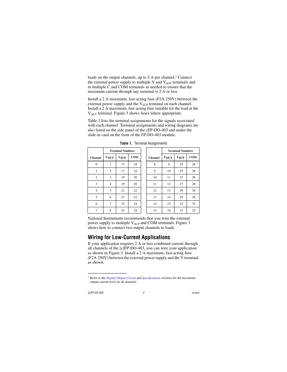 Table 1. terminal assignments, Wiring for low-current applications | National Instruments FP-DO-403 User Manual | Page 4 / 15