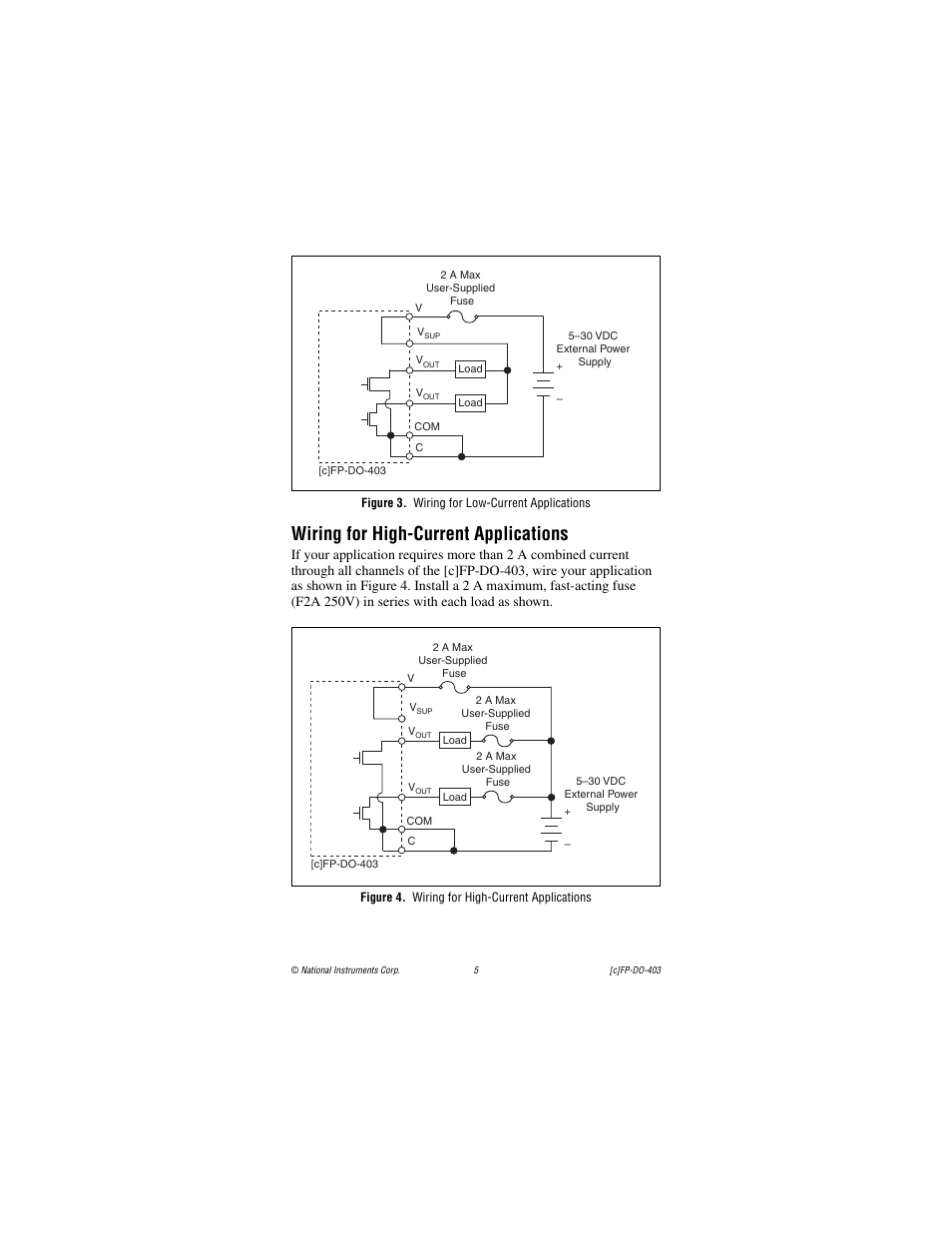 Figure 3. wiring for low-current applications, Wiring for high-current applications, Figure 4. wiring for high-current applications | Re 3 sho | National Instruments FP-DO-403 User Manual | Page 5 / 15